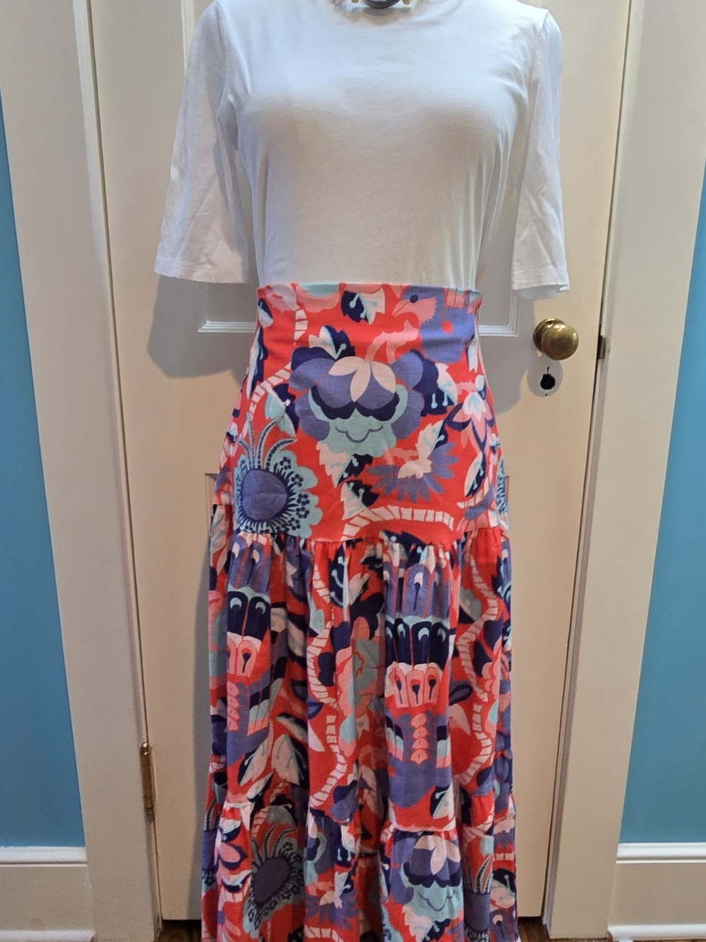 Vibrant Coral & Purple Samantha Skirt Lightweight Stretch Linen